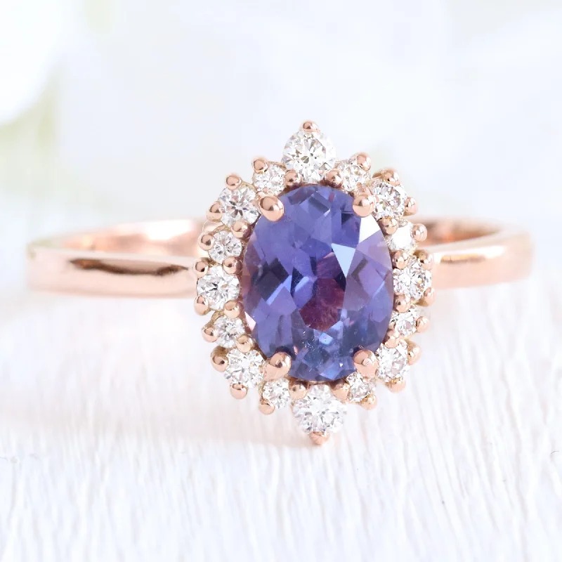 1.52 Ct Oval Purple Sapphire Ring in 14k Rose Gold Tiara Halo Diamond, Size 6.75