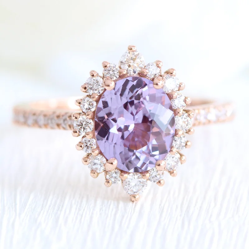 2.22 Ct Oval Purple Sapphire Ring in 14k Rose Gold Tiara Halo Pave Diamond, Size 6.25