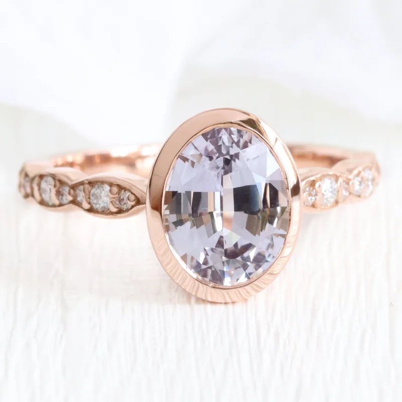 2.6 Ct. Oval Lavender Sapphire Ring in 14k Rose Gold Bezel Scalloped Diamond, Size 6.25