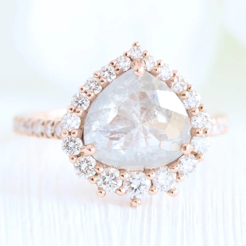 Large Icy Salt and Pepper Diamond Ring in 14k Rose Gold Tiara Halo Pear Ring, Size 6.5