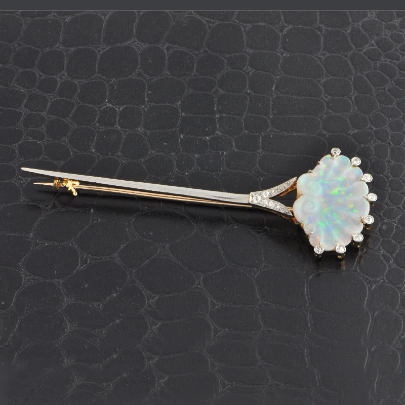 Magnificent Antique Edwardian Carved Australian Opal and Diamond Stick Pin