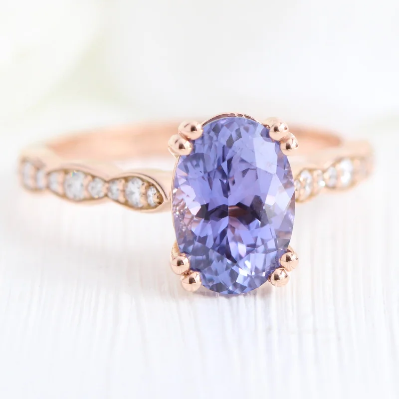 2.78 Ct. Large Purple Sapphire Ring in 14k Rose Gold Scalloped Diamond Band, Size 6.5