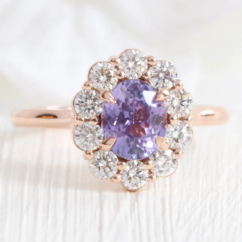 2.08 Ct Oval Lavender Sapphire Ring in 14k Rose Gold Large Halo Diamond, Size 6.25