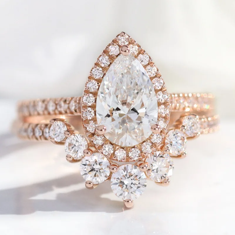Grab Stylish Jewelry Before The Sale Ends 2.22 Ct Pear Halo Diamond Ring Set w/ Lab Diamond and Large 7 Stone Pave Band