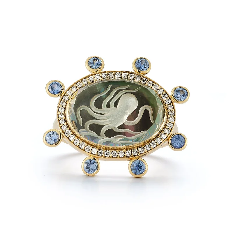 Large Octopus Caspian Ring- Grey Mother-of-Pearl, Diamond and Light Sapphire