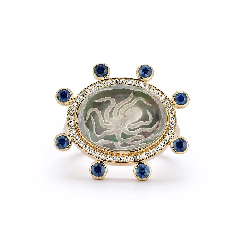 Large Octopus Caspian Ring- Grey Mother-of Pearl, Diamond and Deep Sapphire