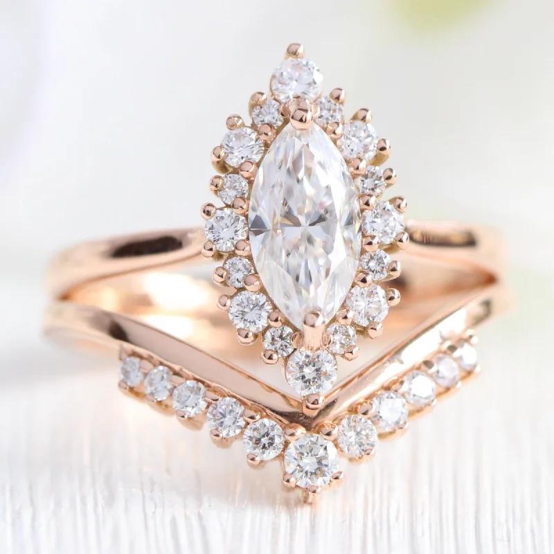 Tiara Halo Marquise Tapered Ring Set w/ Moissanite and Tiara Diamond V Shaped Band