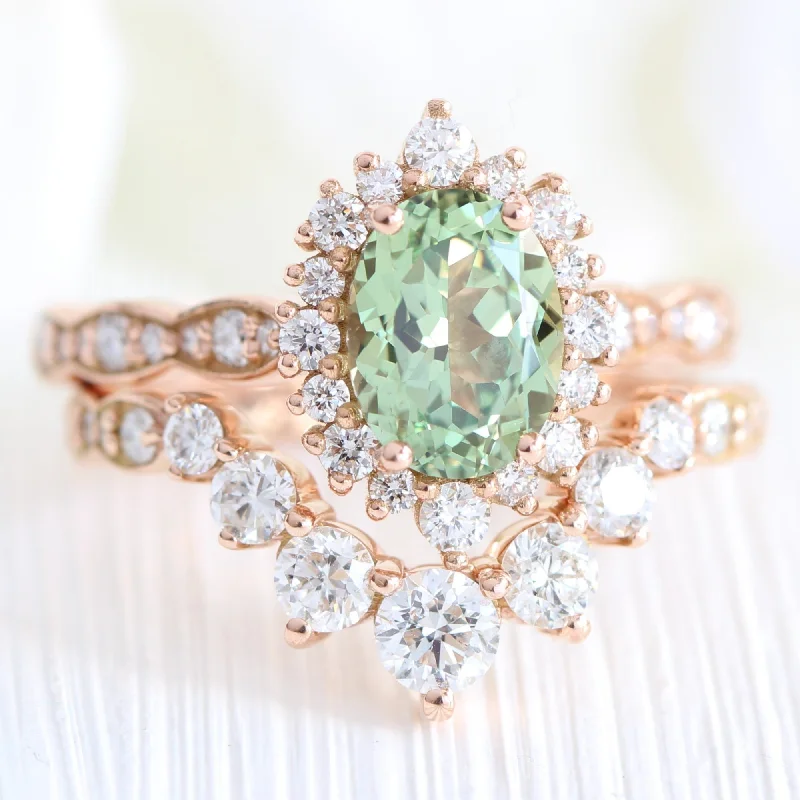 Tiara Halo Oval Scalloped Ring Set w/ Green Sapphire and Large 7 Diamond U Band