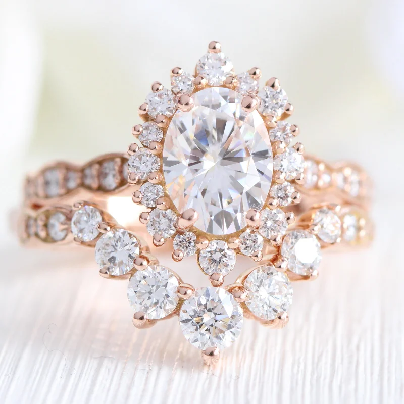 Tiara Halo Scalloped Ring Set w/ Oval Moissanite and Large 7 Diamond U Band