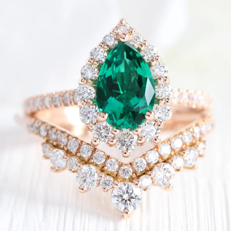 Large Tiara Halo Pave Ring Set w/ Pear Emerald and V Shaped Diamond Band