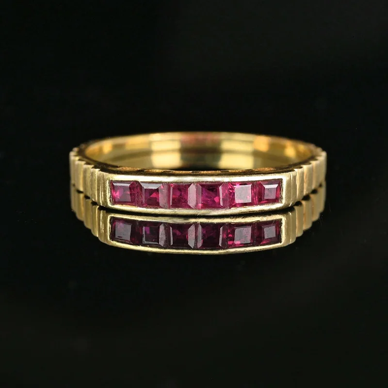 Vintage 14K Gold Ribbed Band Half Eternity Ruby Ring