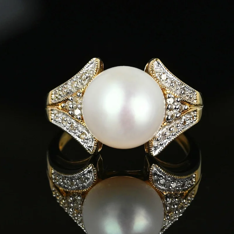 Vintage Large Pearl Diamond Cluster Cocktail Ring in Gold