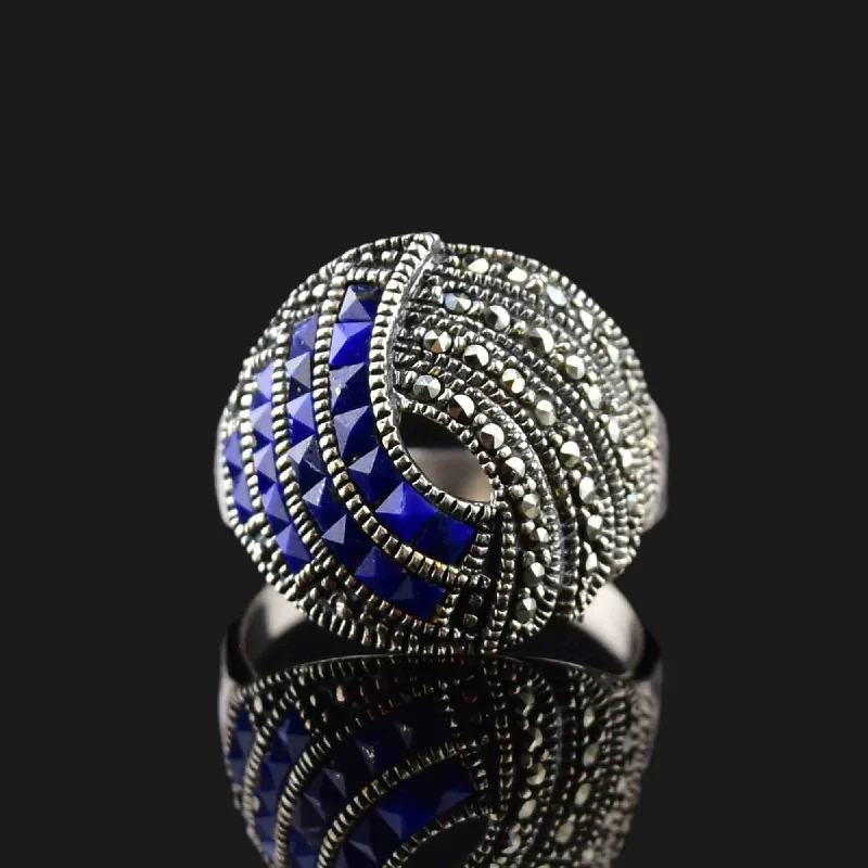 Vintage Sterling Silver Blue Stone Marcasite Dome Ring