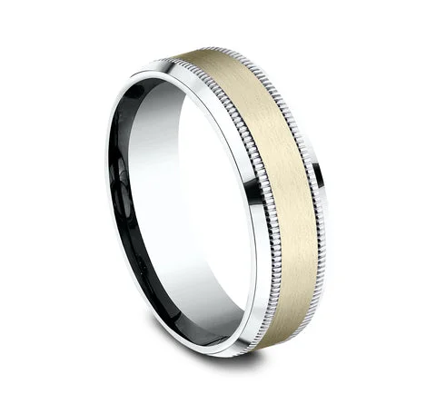 10K White & Yellow Gold Men's Wedding Ring with Satin Center, Milgrain and Polished Edge