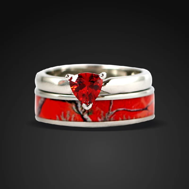 2 pc Red Camo Ring Set Ruby Engagement Rings Sterling Silver Wedding Ring Set