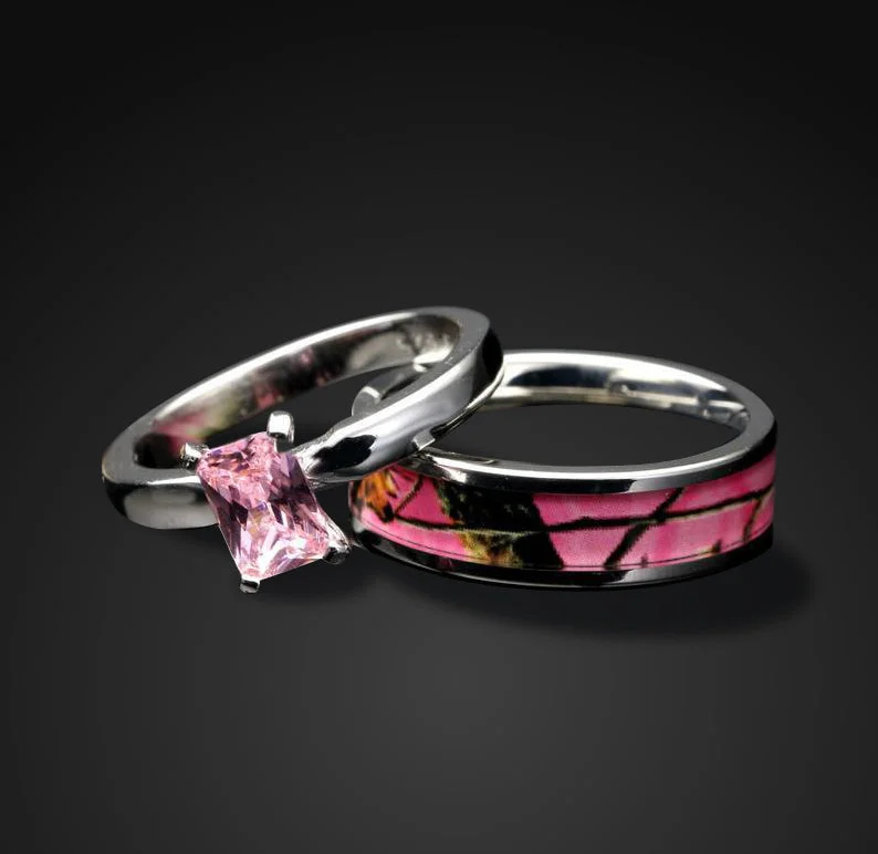 2 pc Pink Camo Wedding Ring Set Stainless Steel and 925 Sterling Silver