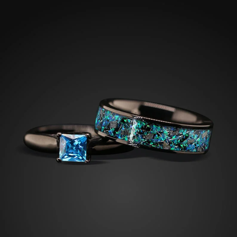 2 pc Meteorite Wedding Ring Set Opal Ring Set