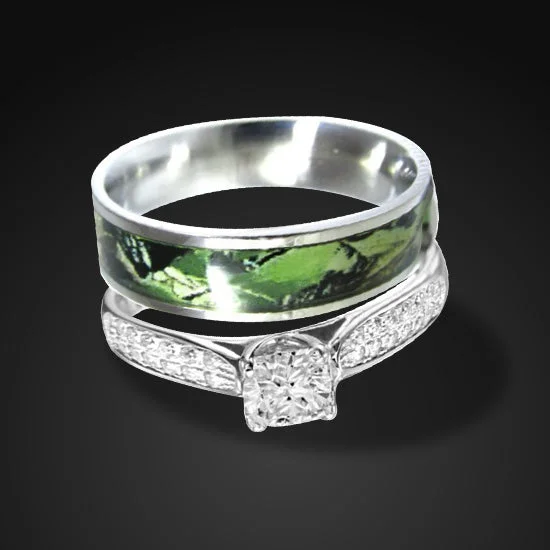 2 pc Green Camo Wedding Ring Set Sterling Silver Engagement Ring