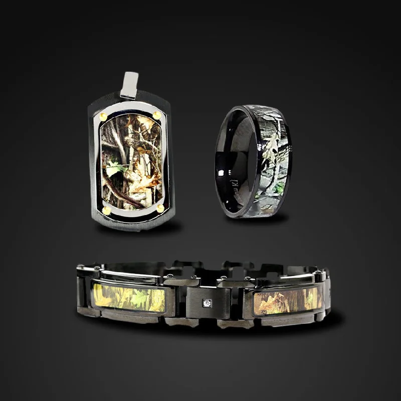 3 pc Black Camo Jewelry Set Hunting Bracelet Ring Dog Tag