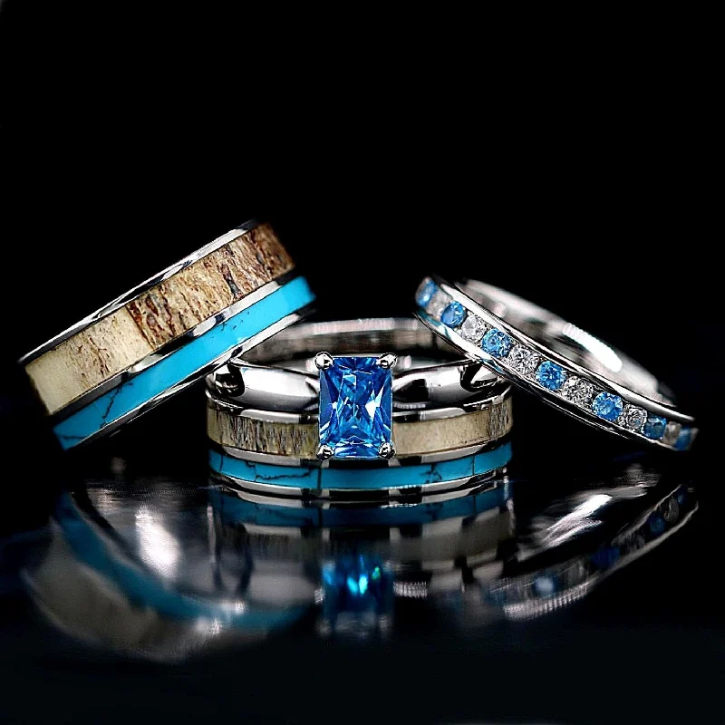 Special Jewelry Deals – Upgrade Your Collection Wild Azure - Antler Rings Set of 4 | His & Her Wedding Ring Set Turquoise & Deer Antler
