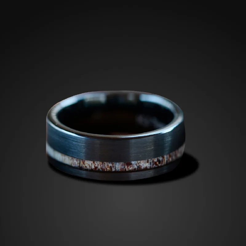 Black Tungsten Deer Antler Ring - Unisex Wedding Band Hunter Ring