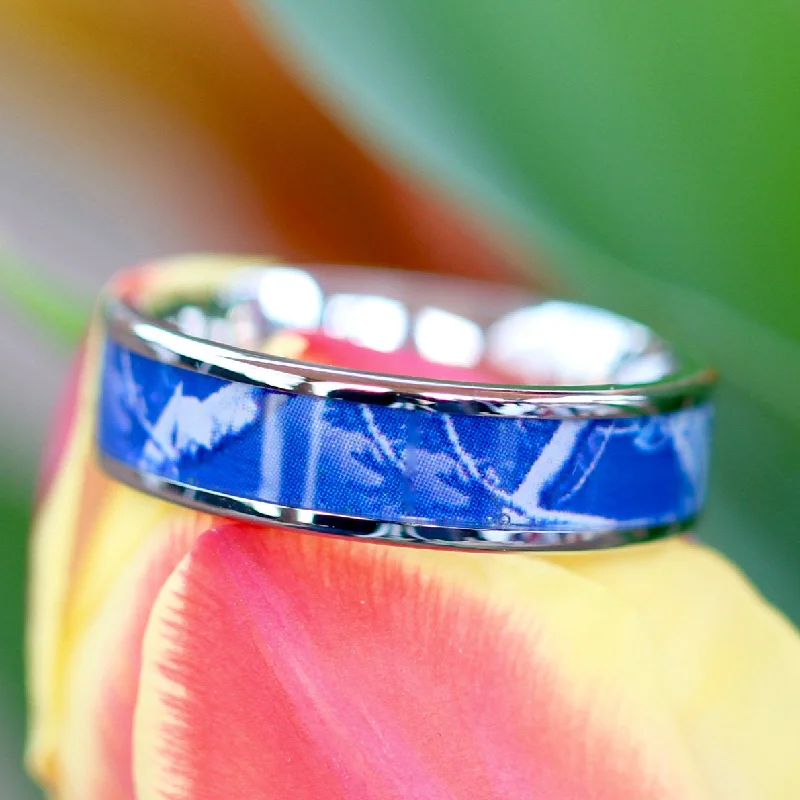 Blue Orchid Camo Stainless Steel Ring Unisex Camouflage Wedding Band Ring