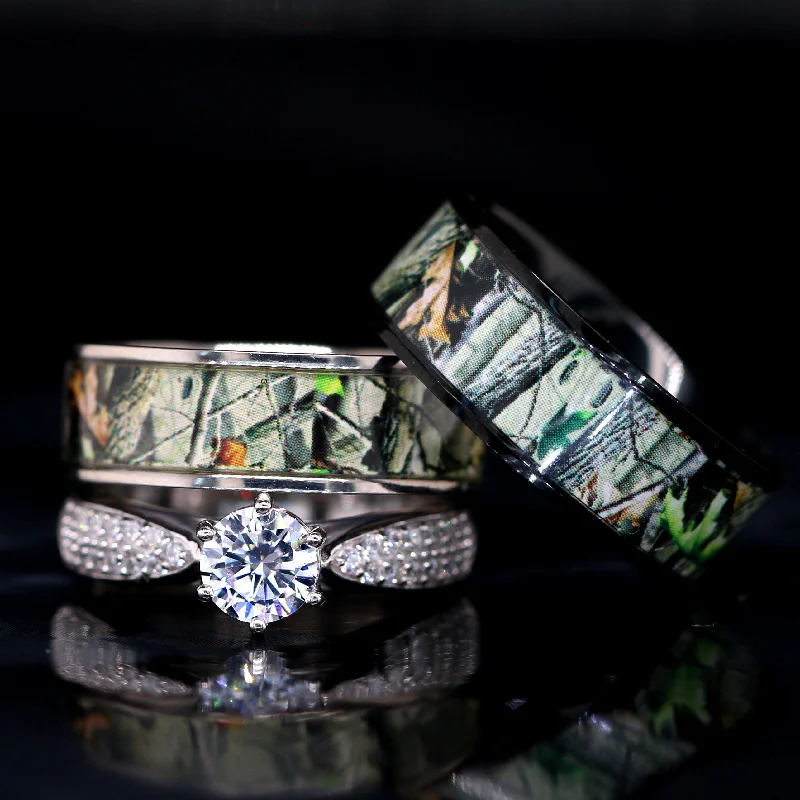 His and Her Camo Wedding Ring Set Titanium and Sterling Silver Engagement Rings