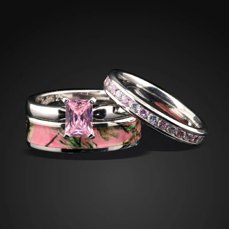 3 pc Pink Camo Ring Set Sterling Silver Wedding Ring Set