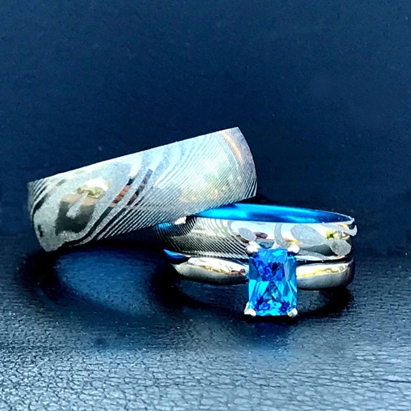 His and Her Blue Damascus Ring Set Damascus Steel Wedding Rings Set