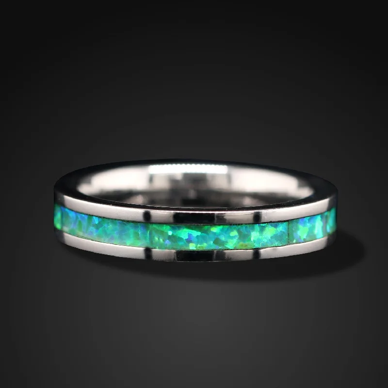 Stainless Steel Ring for Women | Green Opal Wedding Band for Women| 4mm