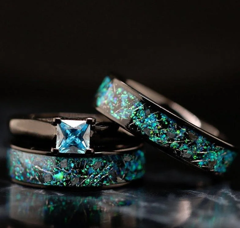 NIGHT SKY Opal & Meteorite Wedding Ring Set | Blue Solitaire Engagement Rings Set for Him and Her