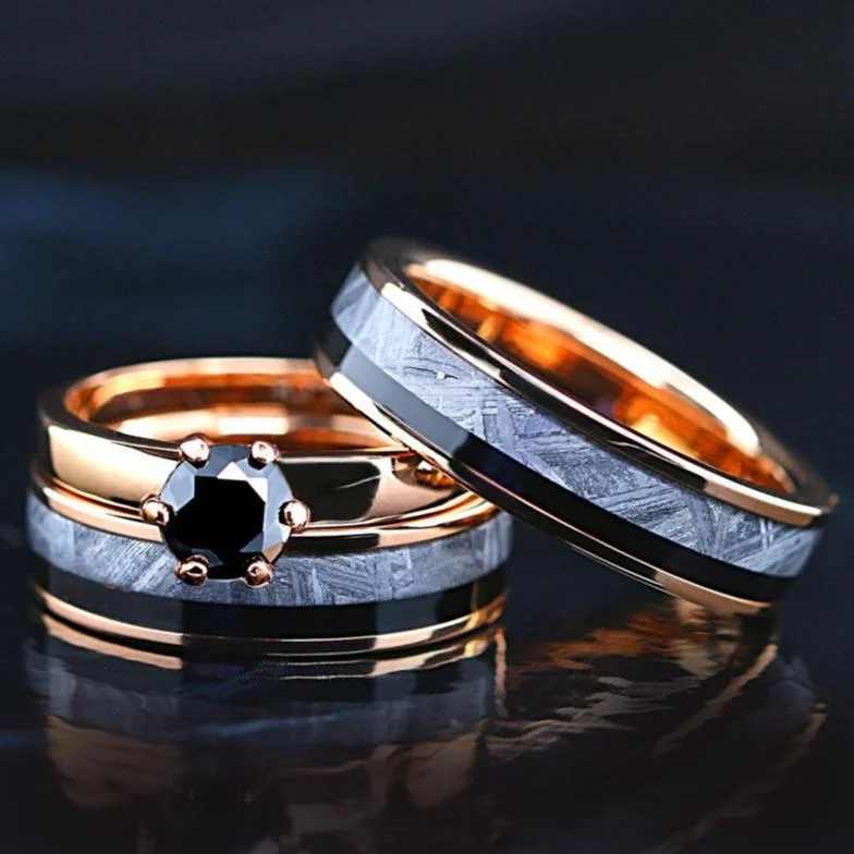 Stellar Union Meteorite Set - Engagement Wedding Ring Set | Meteorite Engagement Ring | Unique Wedding Band for Man and Woman