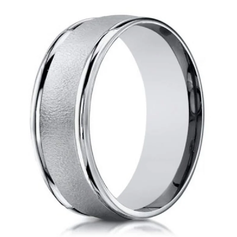 10K White Gold Men's Wedding Band With Sandblasted Center | 6mm