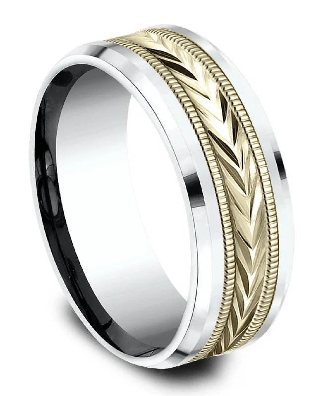 Men's 8mm 10K Yellow/White Gold Wheat Design Center Drop Bevel Edge