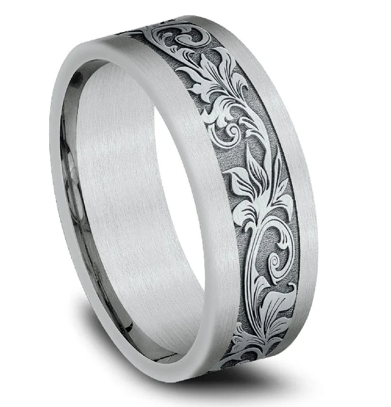 14K White Gold Men's 8mm Script Pattern, Satin Straight Edge Ring