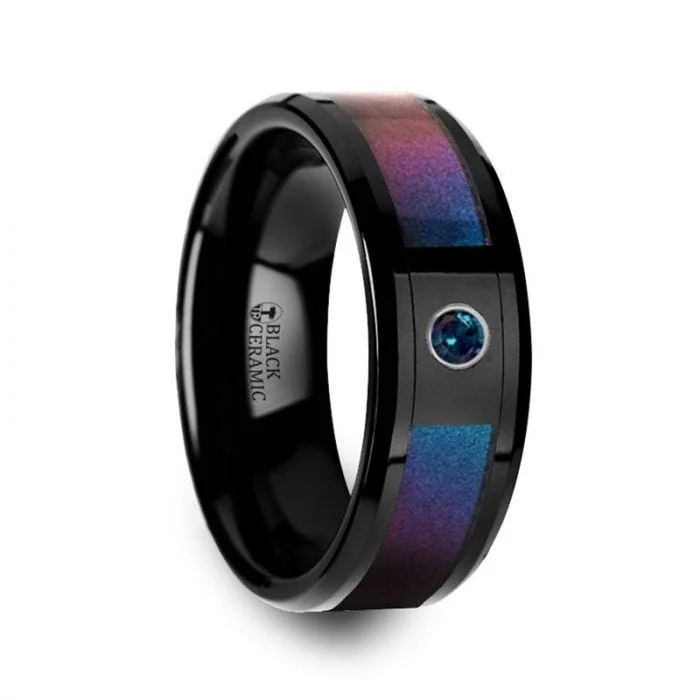 KLEIN Black Ceramic Ring with Blue & Purple Color Inlay and Alexandrite Setting - 8mm