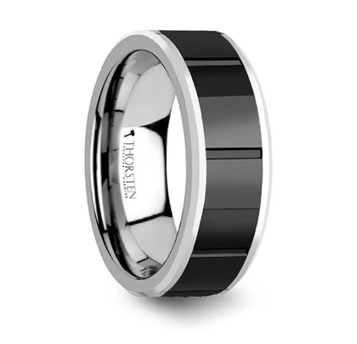 KONSTANTINE Watch Band Style Tungsten Ring With Black Ceramic Inlay - 8mm