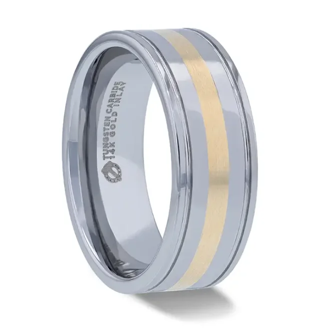 LAZIO 14k Gold Inlay with Grooved Edges Tungsten Polished Wedding Band - 8mm