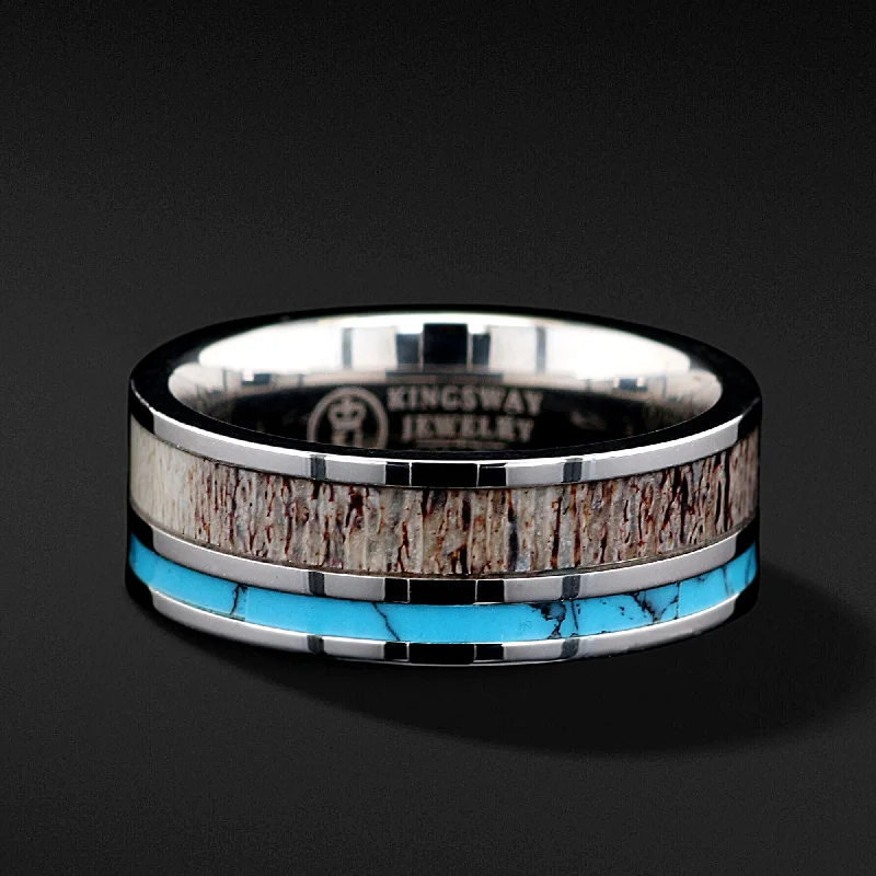 Deer Antler Ring with Turquoise Inlay - Unisex Turquoise Band Wedding Ring