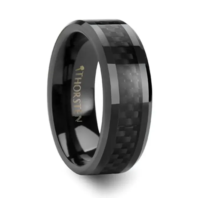 ONYX Black Carbon Fiber Inlaid Black Ceramic Wedding Band 6mm or 8mm