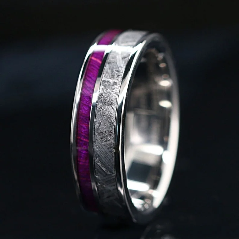 Cosmic Violet Timber - Meteorite & Purple Wood Wedding Band for Men and Women