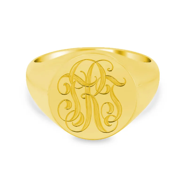 Men's Round Signet Ring - Medium - Hand Engraved Script Monogram