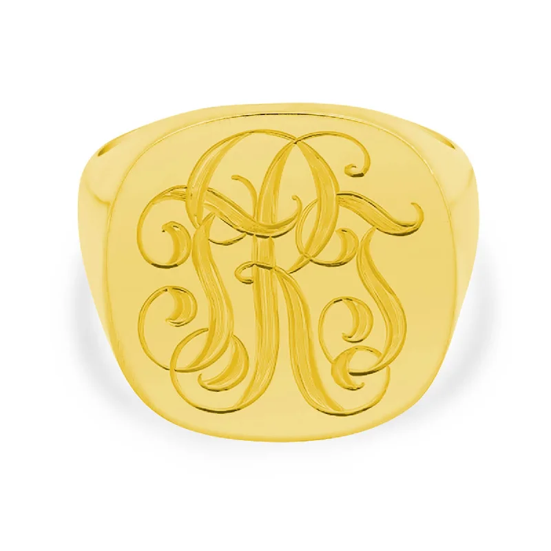 Men's Square Signet Ring - Extra Large - Hand Engraved Script Monogram