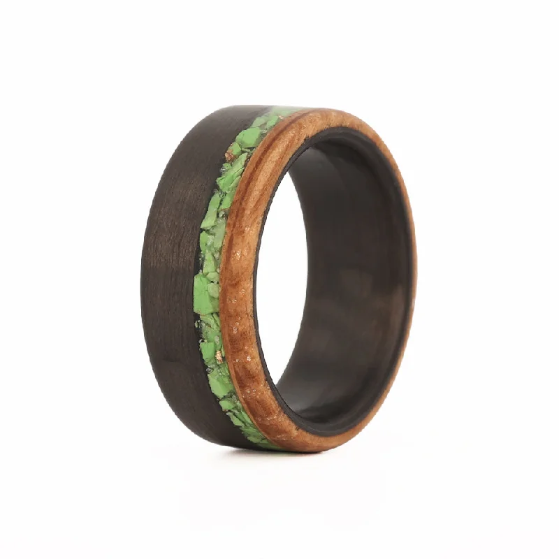 The Mojave - Green Turqouise with Whiskey Barrel Wood and Carbon Sleeve Ring