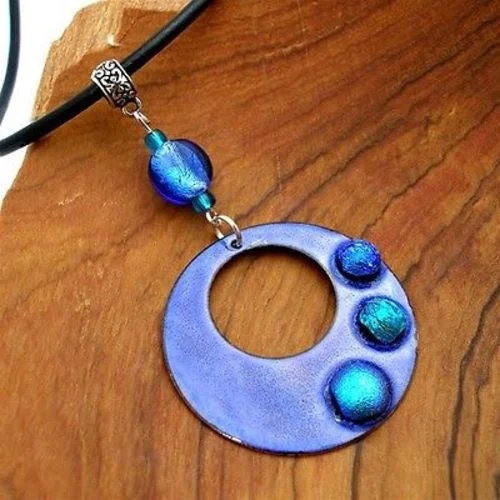 Dichroic Glass Dots on  Enamel Copper Necklace  Blue - Chilean