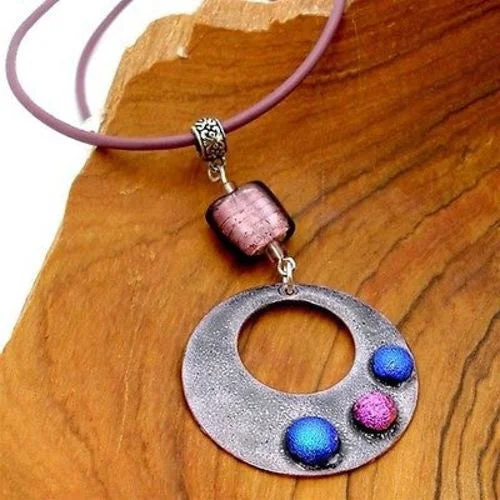 Dichroic Glass Dots on  Enamel Copper Necklace  Purple - Chilean