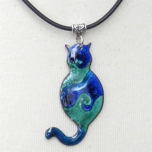 Enamel on Copper Cat Pendant Necklace - Chilean