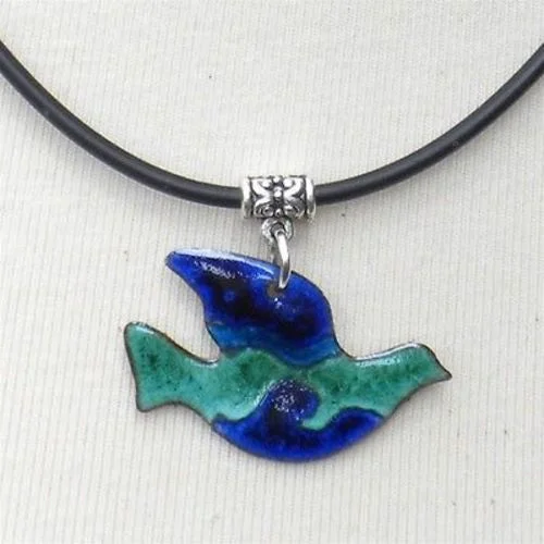 Enamel on Copper Peace Dove Pendant Necklace - Chilean