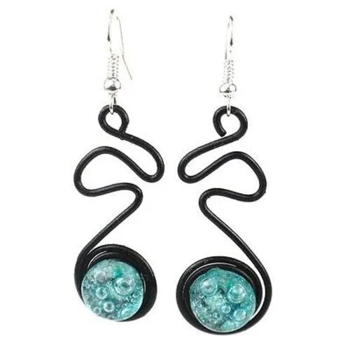 Enameled Wire and Aqua Glass Bead "Doodle" Earrings - Chilean