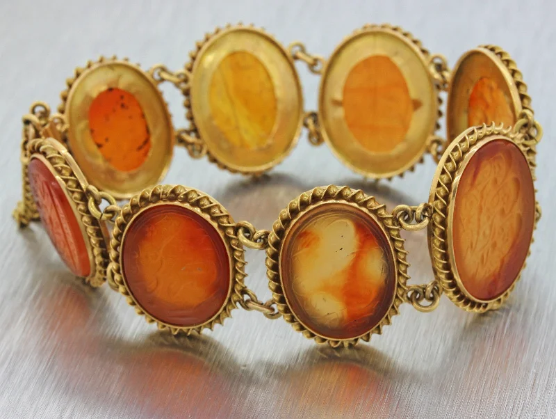 Trending Jewelry Styles Now At Limited-Time Discounts 1890s Persian Antique Victorian 22k Yellow Gold Carved Orange Agate Bracelet